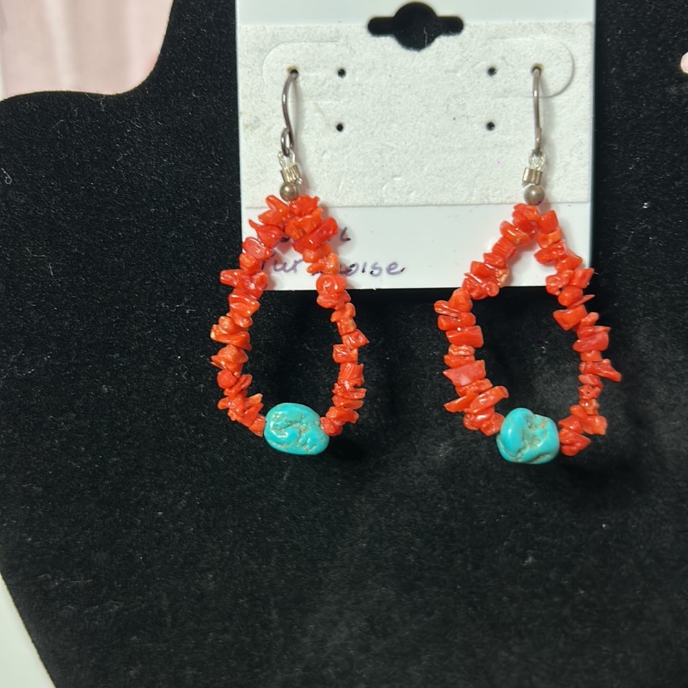 Vintage coral and turquoise earrings - Picture 2 of 5